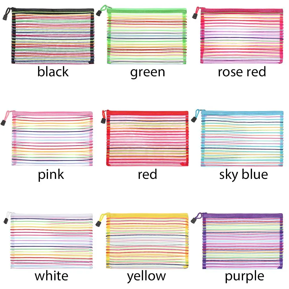 Pencil Cases Simple Rainbow Mesh Document Bag Multicolor Zipper Nylon Stationery