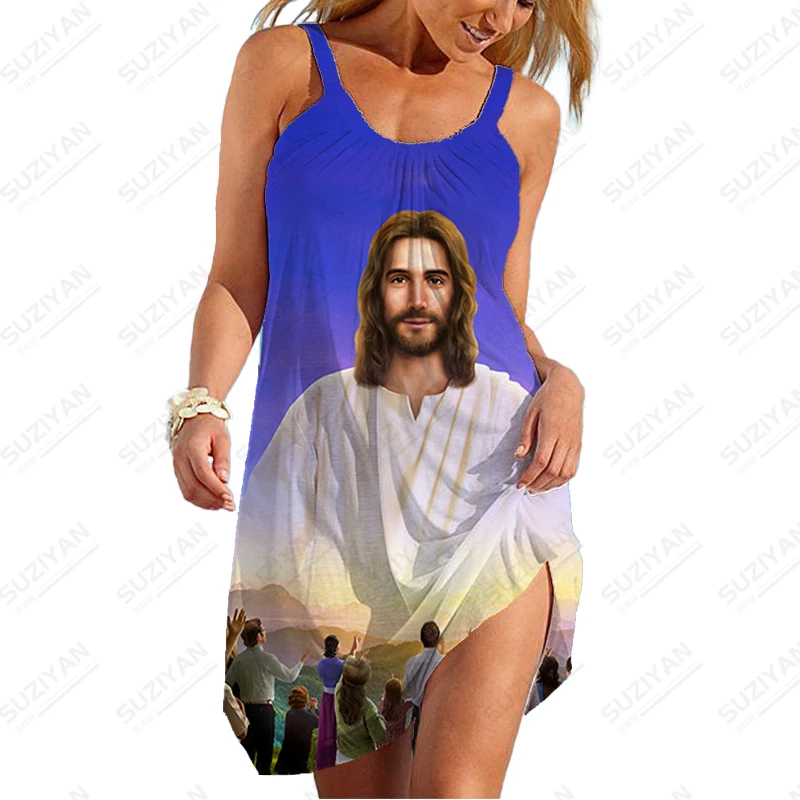 2023 Summer New Female Dress Personality Casual Oversize Dress Christian Jesus 3D Printed Dress Retro Loose Dress