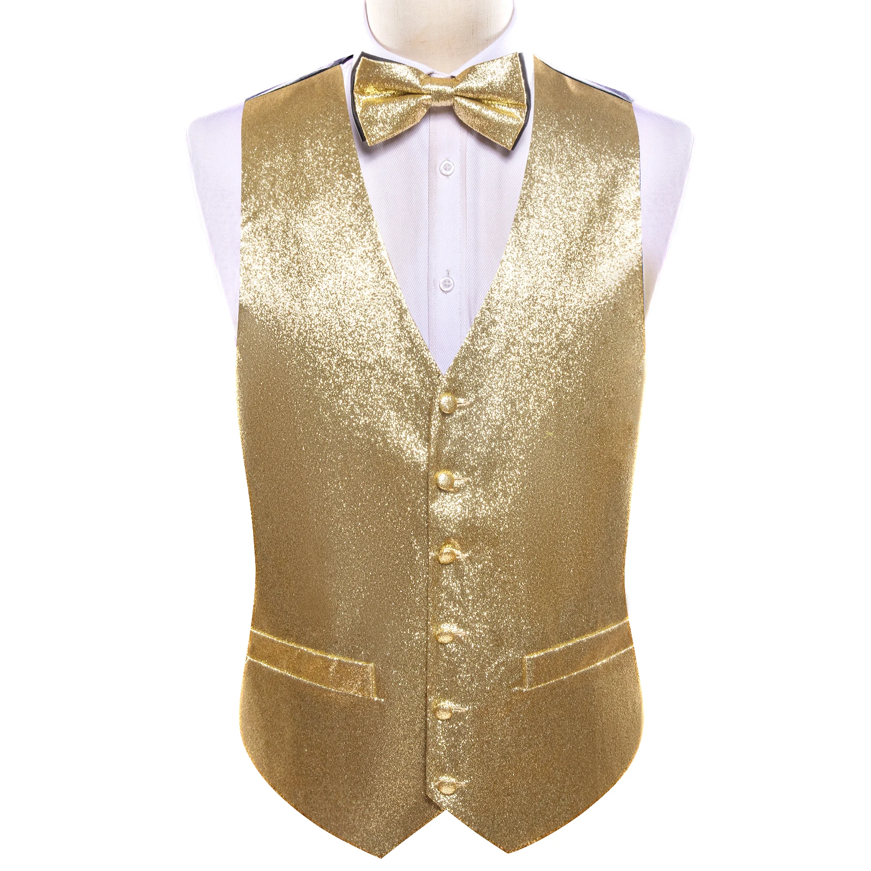 

Gold Men Vest Set Fashion Solid Vest Bling V-Neck Waistcoat Casual Fit Novelty Bow-Tie Suit Wedding Party Desinger Barry.Wang