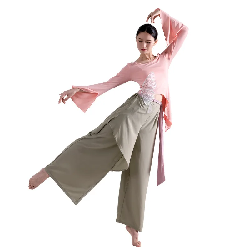 

2023 розовое бамбуковое платье для классических танцев с вышивкой бабочки разделенные ленты для восточных танцев комбинированные двойные широкие брюки