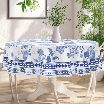 1 Piece of Retro Floral Spring and Summer Round and Rectangular Tablecloths, Available in Various Sizes, Blue and White Porcelain Flower Print Pattern Design, French Style, Tablecloths for Home Kitchen, Indoor and Outdoor Use