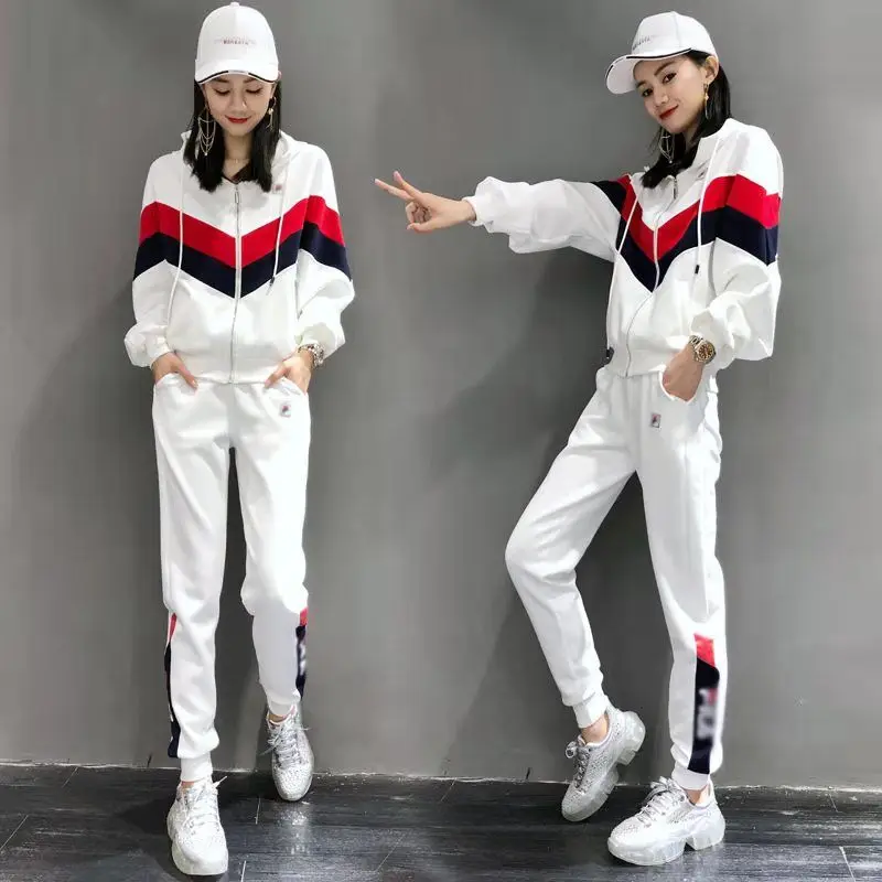 

Casual Jogging Sportswear Set Female Spring And Autumn New Fashion Striped Hooded Long-Sleeved Hoodie Trousers Two-Piece Set