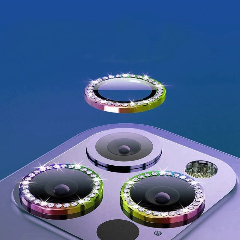 Sparkling Diamond Rhinestone Metal Ring Camera Lens Protector with Tempered Glass - Full Cover