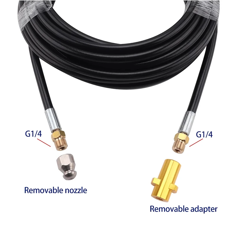 2~40M 1/4" Sewer Drain Water Cleaning Hose With Removable Nozzle and Optional Adapter for Karcher Bosch High Pressure Jet Washer