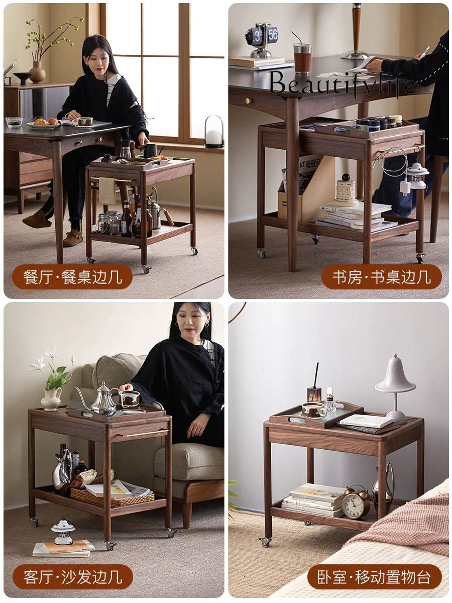 

Nordic Side Table Trolley Living Room Sofa Black Walnut Movable with Wheels Tea Table Solid Wood Corner Table