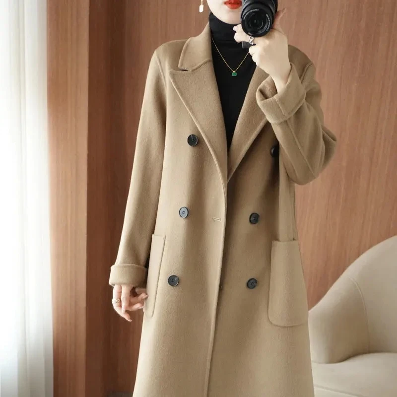 

2023 Autumn/Winter New Korean Women Double sided Cashmere Coat Double breasted Loose 100%Wool Coats Female Casual Long Overcoat