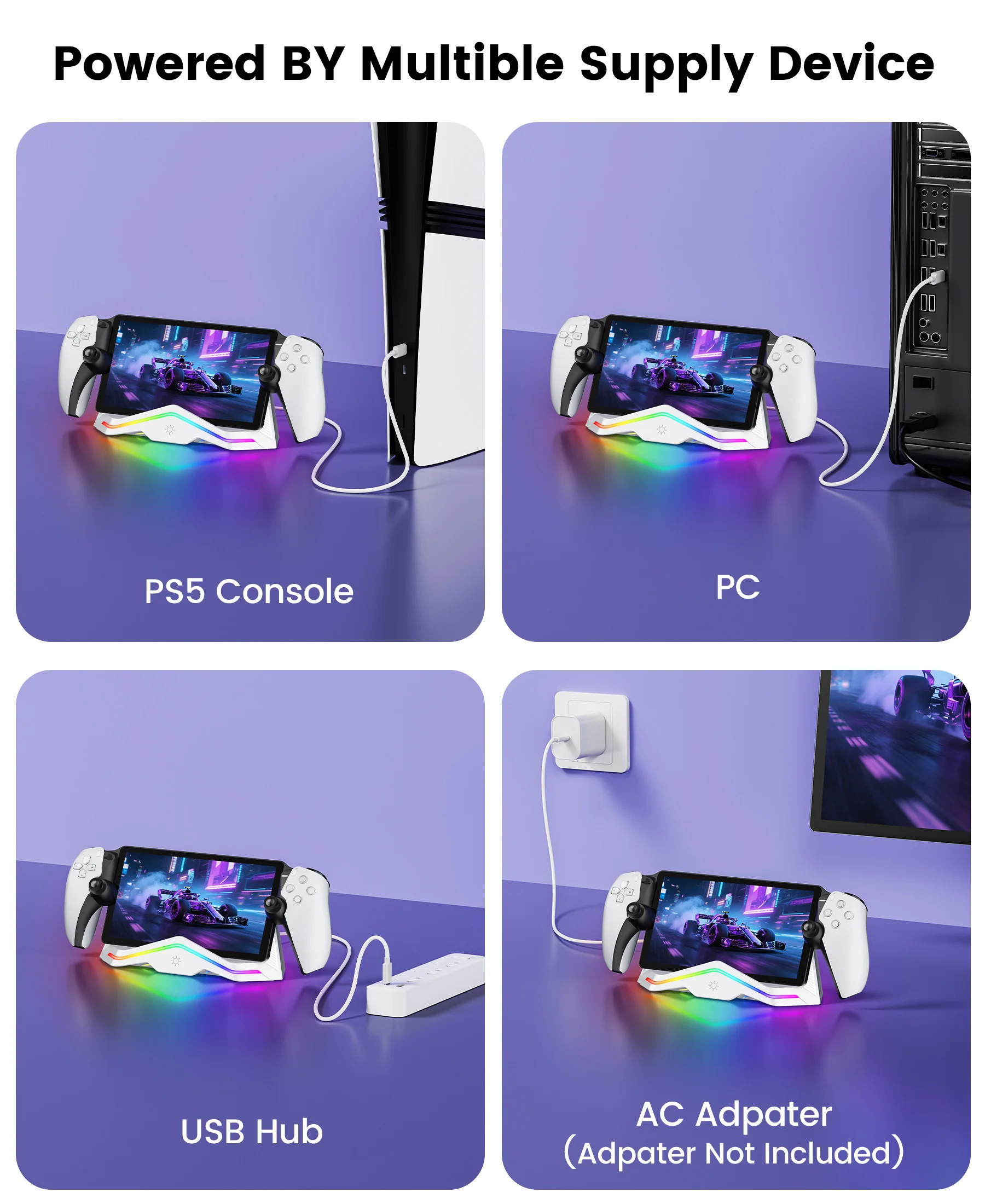 BEBONCOOL PR100 포털 고속 충전 도크 |   8가지 조명 모드 및 저장 기능 - PS5 스트리밍 핸드헬드 및 3A 게임용 자기 접촉
