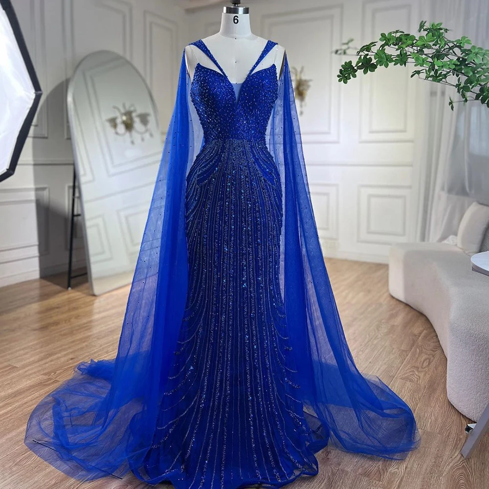 BridalTrunk - Online Indian Multi Designer Fashion Shopping GREYISH BLUE  HALTER NECK CAPE SLEEVES GOWN