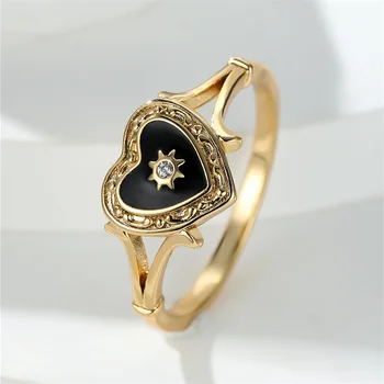 Cute Female Black Enamel Heart Engagement Ring Gold Color Summer Wedding Jewelry For Women