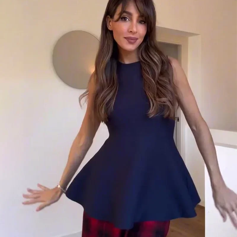 Conjunto elegante de dos piezas de pantalón de punto con cuello redondo, sin mangas, con volantes en los bajos, cintura alta, elástico, para dama, nuevo en trajes a juego.