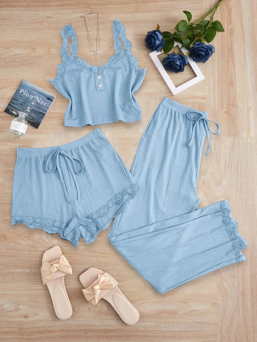 Lace Trim Tank Top Shorts Long Women's Sleepwear T...