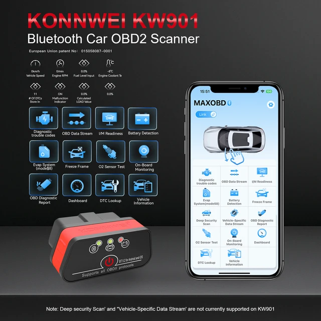 2026 KONNWEI KW901 ELM 327 Obd2 V1.5 Bluetooth 5.0 Car OBD2 Scanner Android/IOS Car Diagnostic Tool Code Reader pk Vgate ICAR2