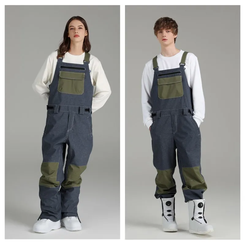 

Men Women Denim Ski Pants Overalls Winter Warm Ski Bib Jumpsuit Waterproof Windproof Snow Sport Pants Snowboard Skiwear Trousers