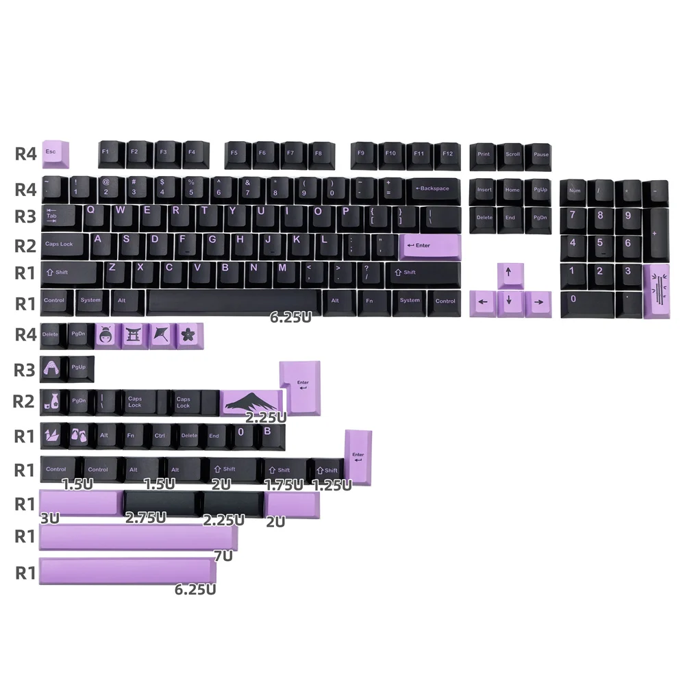 Gmk Lilac on Black Keycap Perfil Cereja Dye Sublimação 142 Chaves Iso Digite 2u 2.25u 2.75u 3u 6.25u 7u Barra de Espaço 1.75u 2u Shift
