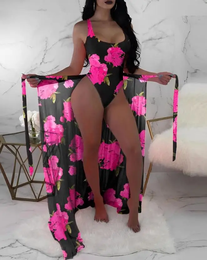 

Sexy Swimwear Women 2023 Summer Beach Vacation Floral Print Sleeveless U-Neck Lady Wireless Bra One-Piece Swimsuit With Cover Up