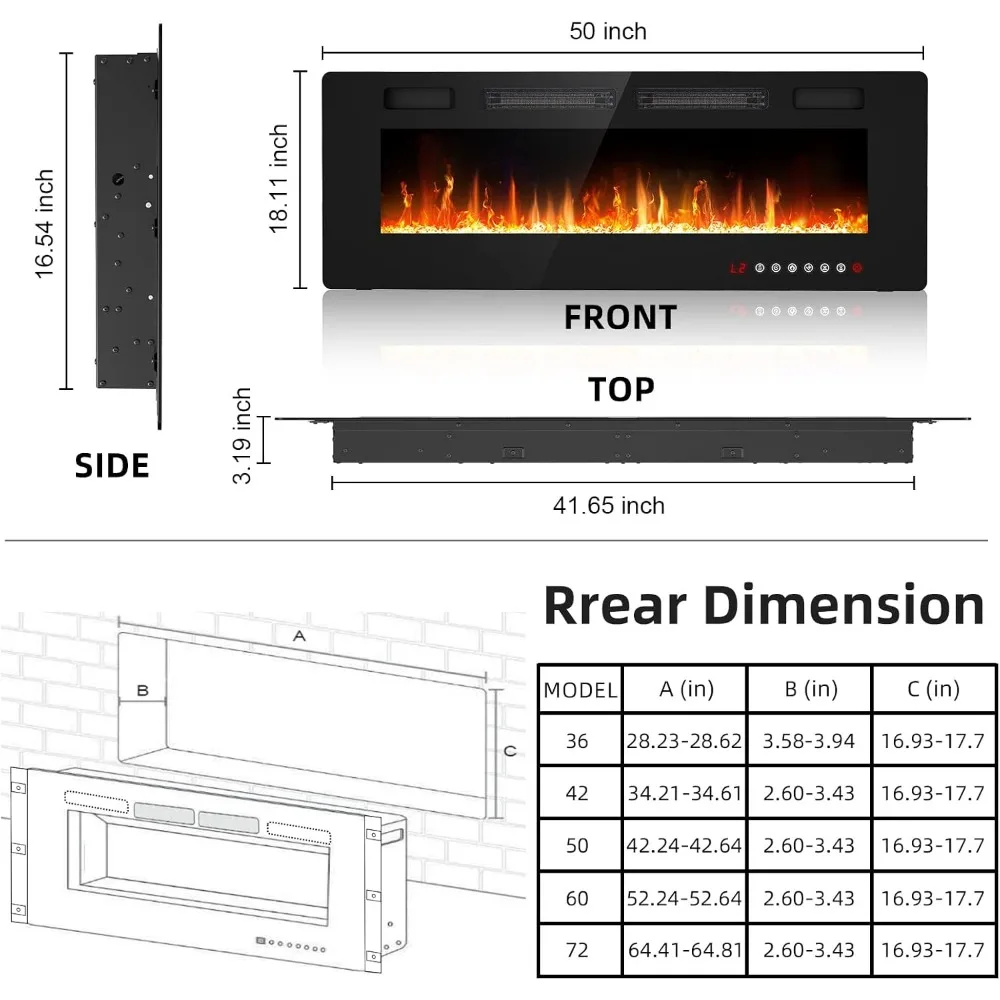 50 inch Electric Fireplace Inserts and Wall Mounted with Remote Control & Touch Screen 1500W Fireplace Heater with Timer 6