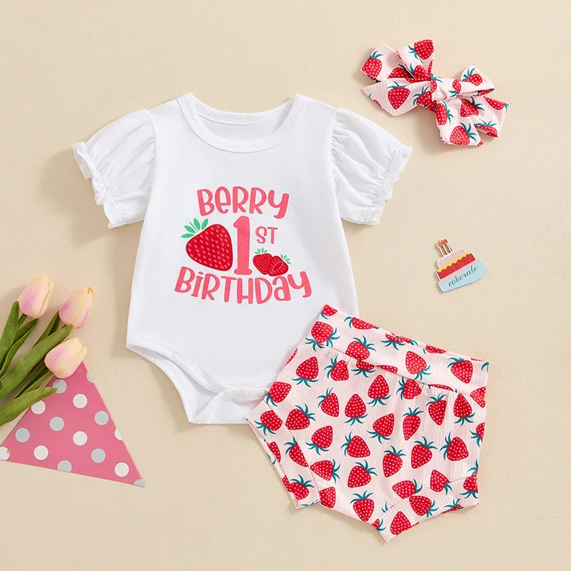 

Mubineo Baby Girls Birthday Outfits Strawberry Print Short Sleeve Romper and Elastic Shorts Cute Headband 3 Piece Clothes