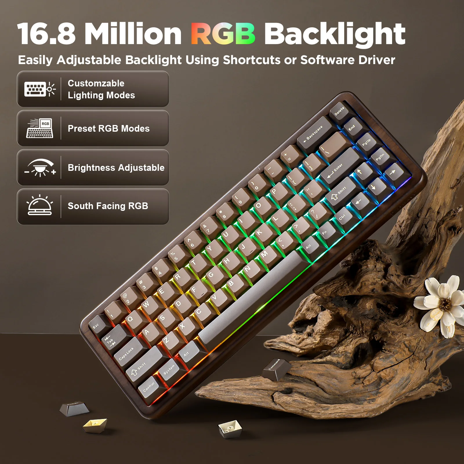 YUNZII WOOD68 무선 기계식 키보드, 컴팩트한 호두나무 목재 맞춤형 RGB 키보드, Mac/Win용 트레이 마운트 핫스왑 트라이 모드