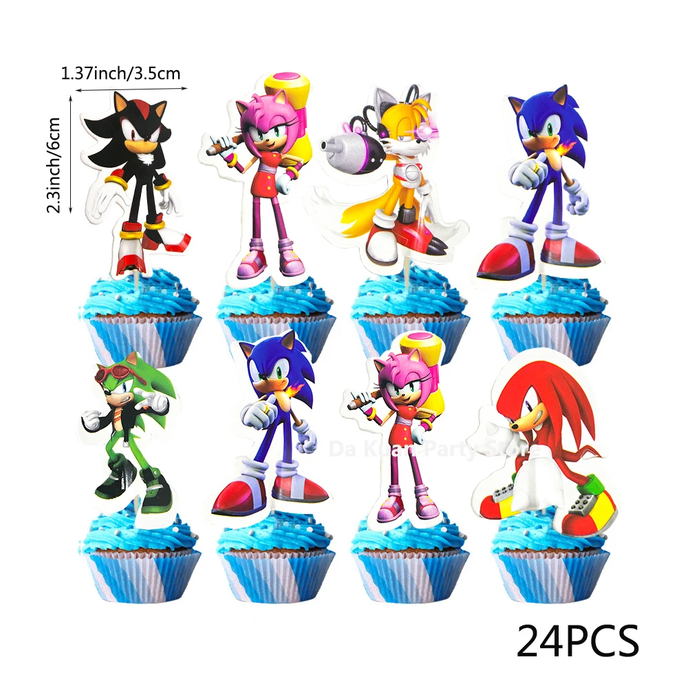 thumbnail image 1 of Kit de 24 piezas con temática de Sonic the Hedgehog, suministros para fiestas de cumpleaños, decoración de tartas de Sonic de dibujos animados, juguetes para niños, regalo, 1 of 4