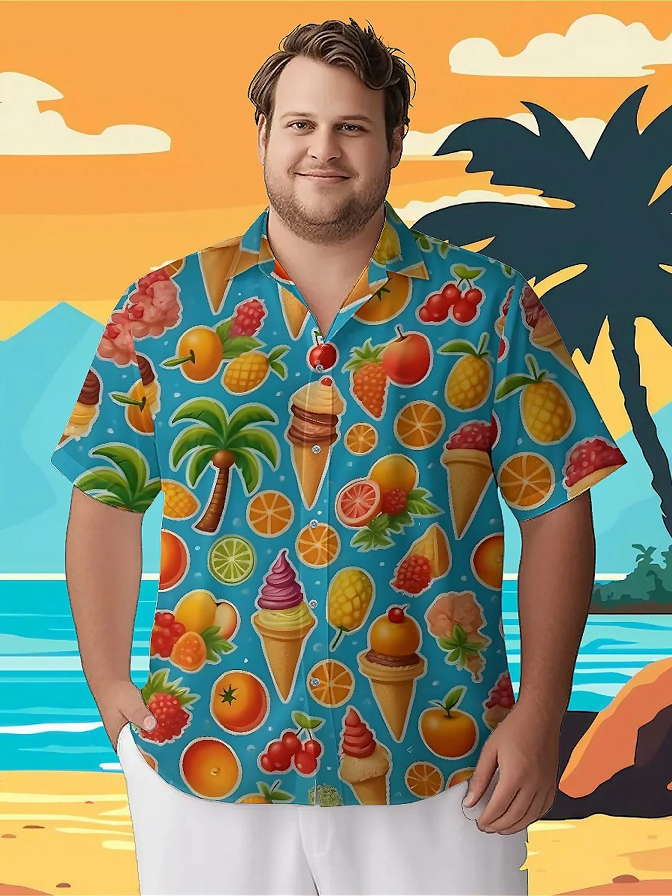 Men's Plus Size Hawaiian Shirts Tropical Fruit Ice Cream pattern, Button Up Shirts, Unisex Casual Clothing, Summer Tops