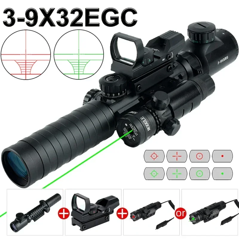 

3-9X32EG Red/Green Illuminated Tactical Optic Rifle Scope HD101 Sight Reflex 4 Reticle Dot Scope Laser Combo Hunting Accessories