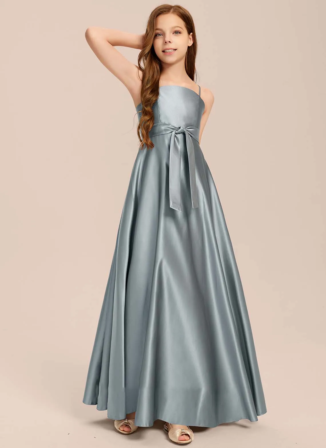 

YZYmanualroom Satin Junior Bridesmaid Dress Flower Girl Dress With Bow A-line Square Floor-Length 2-15T