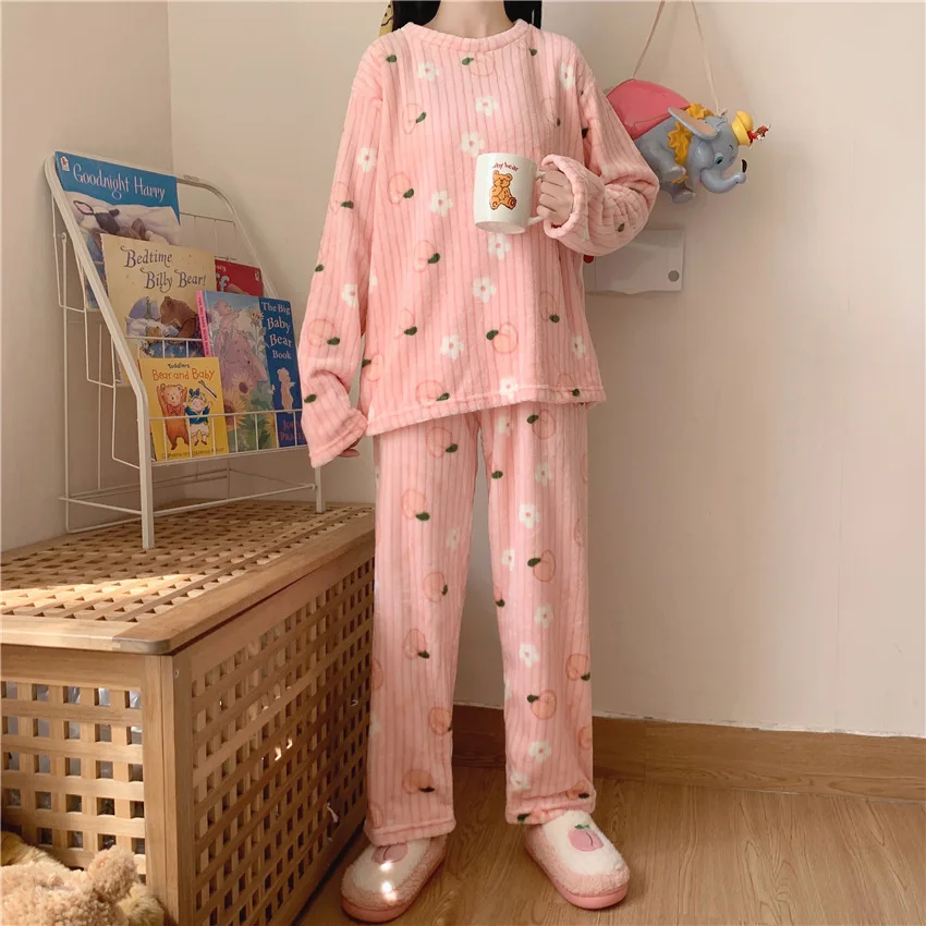 Coral Fleece Bear Print Warm Set Winter Cozy Sleepwear Cute Cartoon Girls Home Outfit Comfortable Loungewear Soft Pajamas