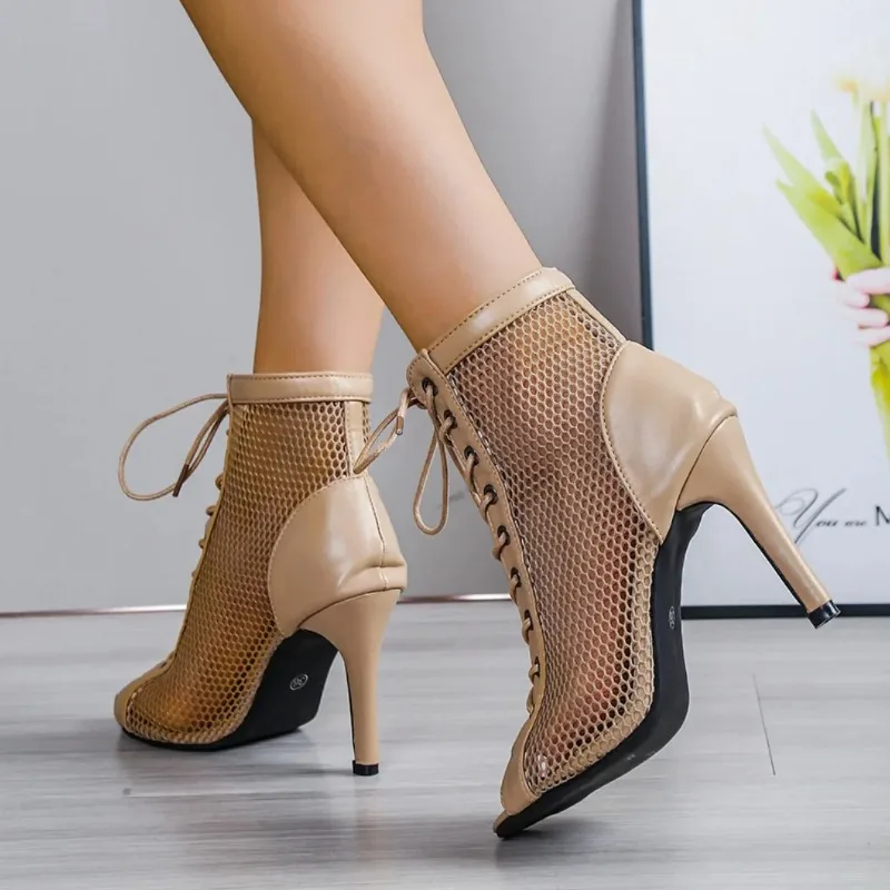 Women Sexy Hollow Mesh High Heel Sandals New Fashion Comfort Peep Toe Lace Up Sandals Stilettos Party Jazz Dance Ladies Shoes