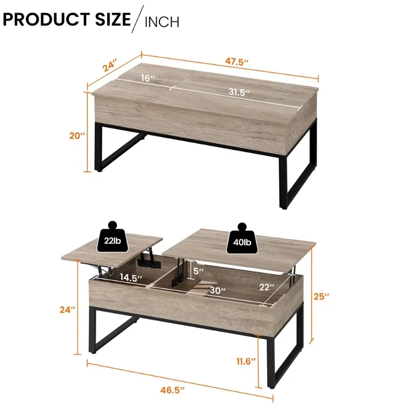 High quality Design Lift Top Coffee Table with Hidden Storage Compartments, Rustic Gray tea table coffee table living room