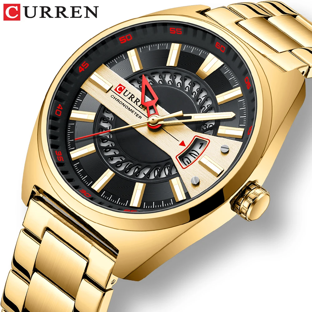 

CURREN Men Watch Stainless Steel Band Luxury Quartz Wristwatches for Male Creative Design Golden Clock with Luminous