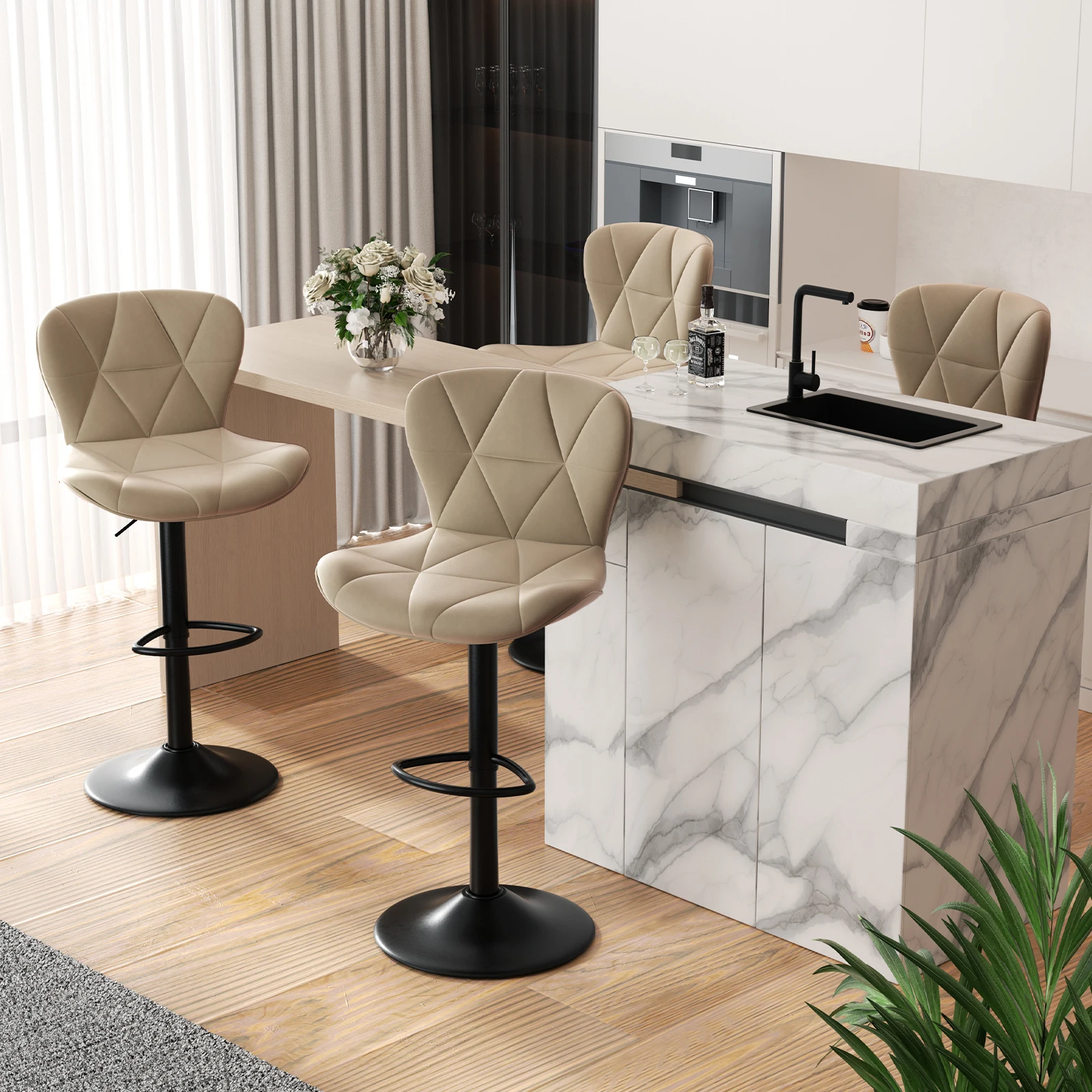 Modern Bar Stool 2-Piece Set, Adjustable Artificial Leather Cushioned Rotating Bar Stool with Backrest, Height for Kitchen Island