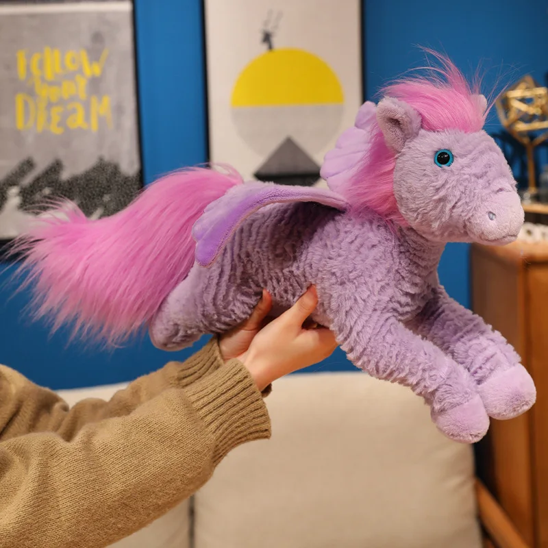 Nice 1pc 48cm Fantastic Pegasus Plush Pillow Stuffed Soft Lying Animal With Wings Plushie Pink Purple Blue Birthday Gift