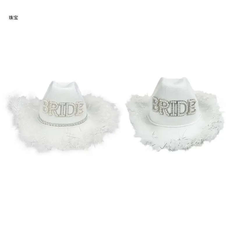 

X5QE Pearl BRIDE Letter Cowboy Hats with Plush Trim Wedding Ceremony Cowgirl Hat