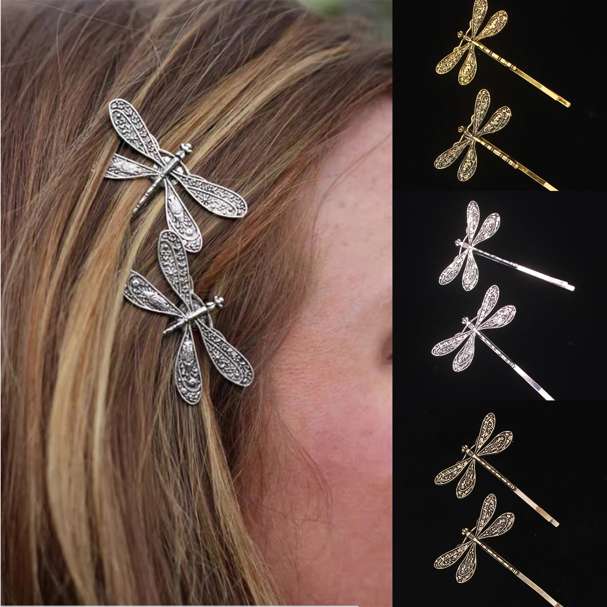 2 Stück/Set Metallene Libellen-Haarspangen für Damen und Mädchen, modische Insekten-Haarspangen, Haaraccessoires für Pony und seitliches Haar