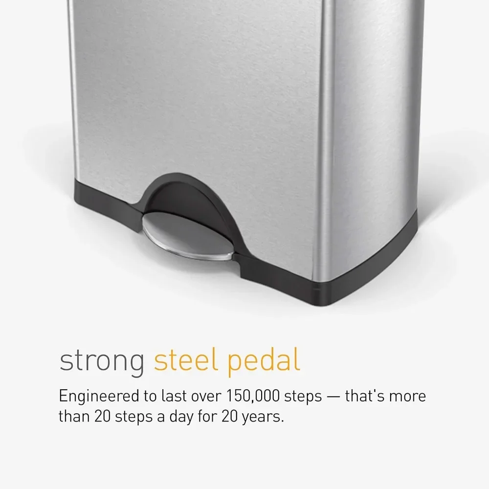 New2025-Rectangular Dual Compartment Recycling Kitchen Step Trash Can, 46 Liter, Brushed Stainless Steel