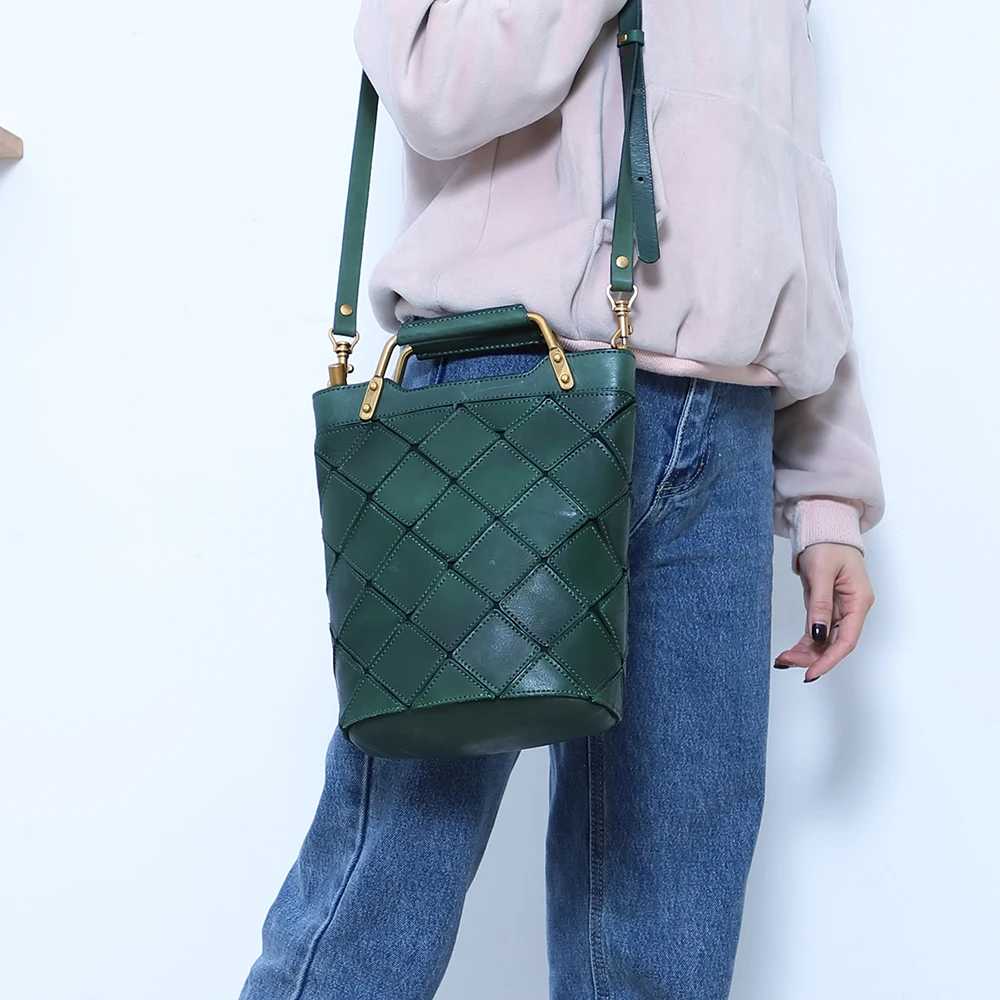 Genuine leather women's bag retro splicing crossbody bag vegetable tanned leather handbag women's shoulder bag cowhide bag