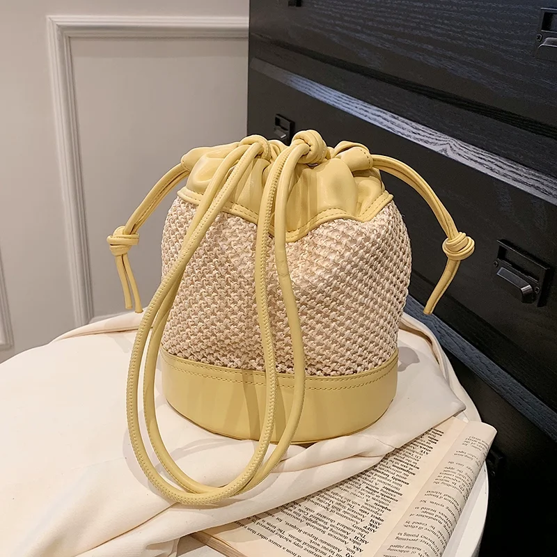 

Round Straw Woven Bucket Crossbody Bag for Women 2023 New High Quality Korean Style Yellow Pink Shoulder Bag Purses