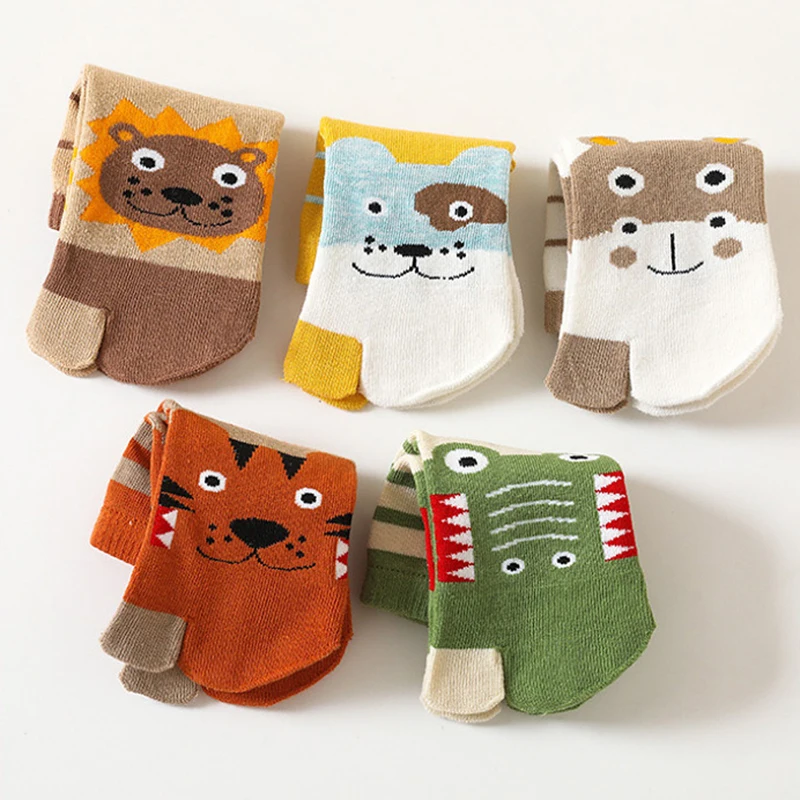 3-12T Cute Boys Girls Two Toed Tabi Socks Kids Cartoon Animals Printed Pure Cotton Short Socks Split Thumb Toe Socks 3