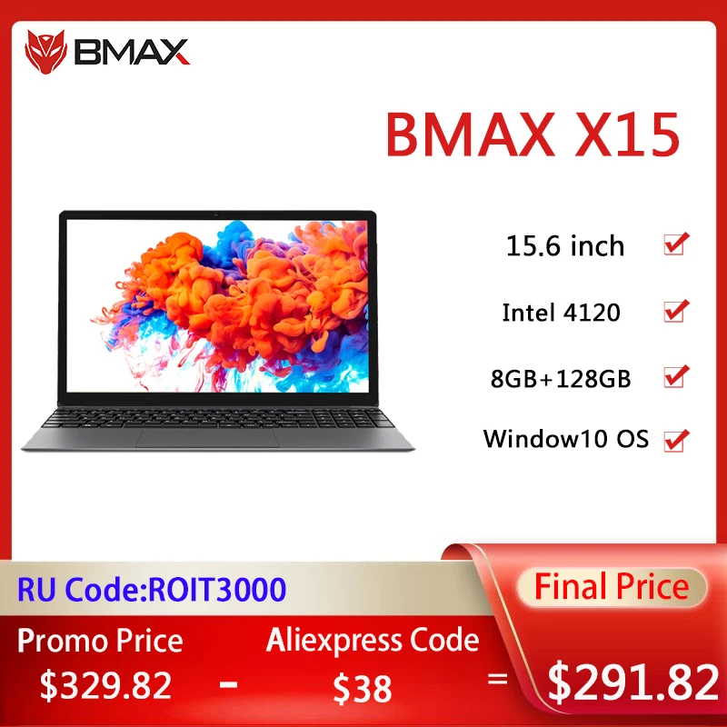 BMAX X15 15.6Inch laptop Intel 4120 CPU  Quad Core windows10 Notebook 1920*1080 8GB RAM 128GB SSD Dual Wifi HDMI USB GameLaptops 1