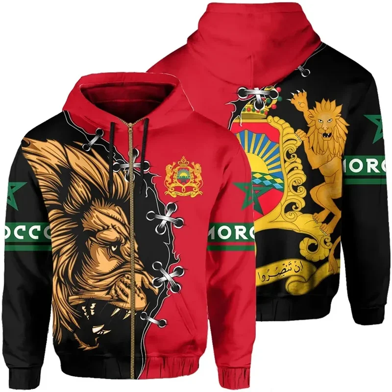 thumbnail image 1 of Sudadera con capucha y cremallera con estampado del emblema de Marruecos en 3D para hombre, tótem espiritual, bandera de Marruecos, sudadera con capucha con cremallera, ropa Harajuku Y2k, 1 of 5