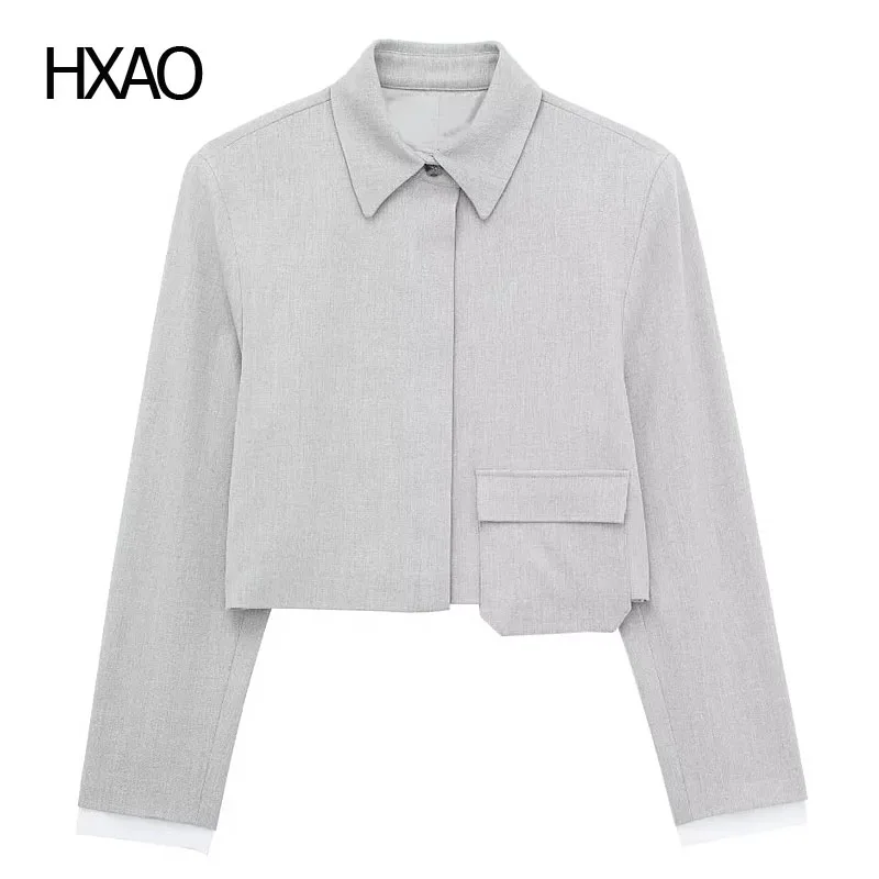 

HXAO Women's Cropped Shirts and Blouses Summer Blouses Long Sleeve Tops Elegant Chic Woman Shirt Crop Top Ladies Office Outfits