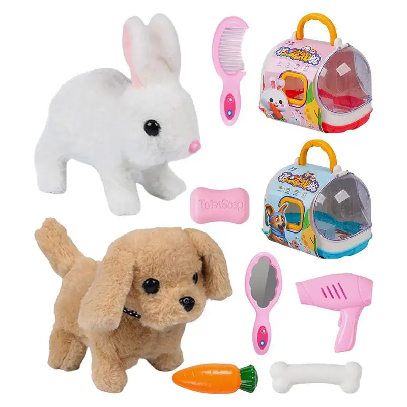 

Интерактивная игрушка кролик милый Электрический кролик и Щенок Плюшевые игрушки с клеткой и едой плюшевые животные игрушки для домашних животных для детей малышей