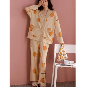 Женская Осенняя Пижама с V-образным вырезом и длинными рукавами