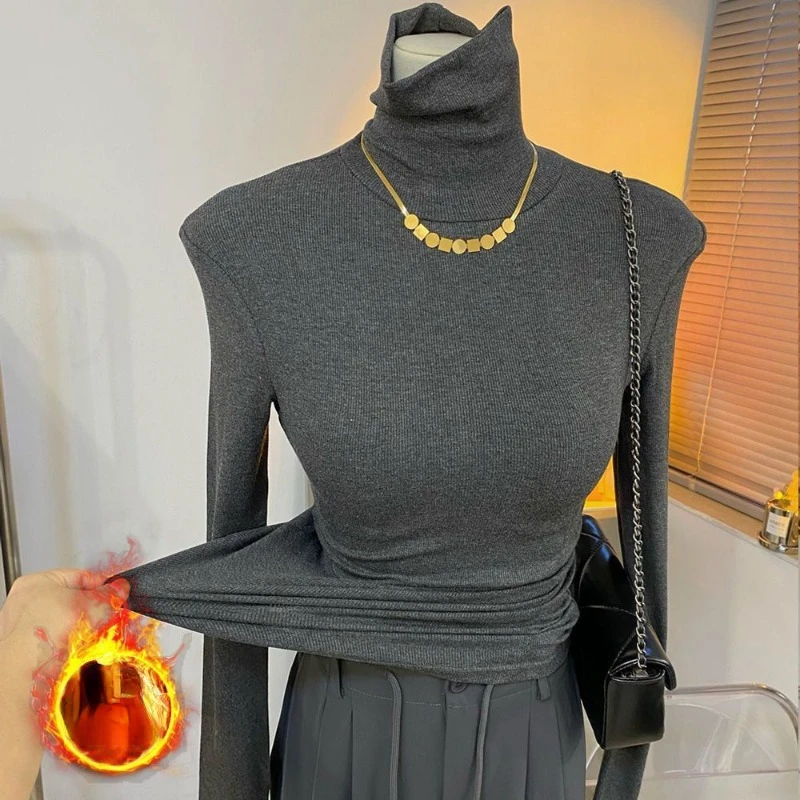 

2023 Gray Shows High-end Simple Luxury High Neck Wrapping Tight Threaded Long-sleeved T-shirt Women Autumn Winter New Undershirt