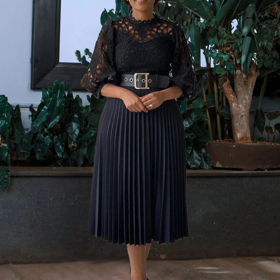 Elegant Church Dresses for Women Lace Hollow Out Patchwork Pleated Female  Gowns Wedding Guest Party Female Classy Office Ladies - AliExpress 200000345