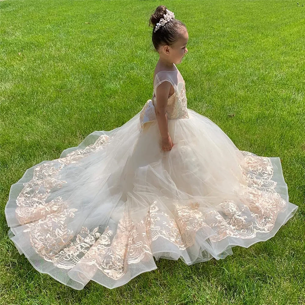 

First Communion Pageant Toddler Children Pageant Ball Gown Kids Champagne Lace Flower Girl Dresses Sheer Neck Puffy for Wedding