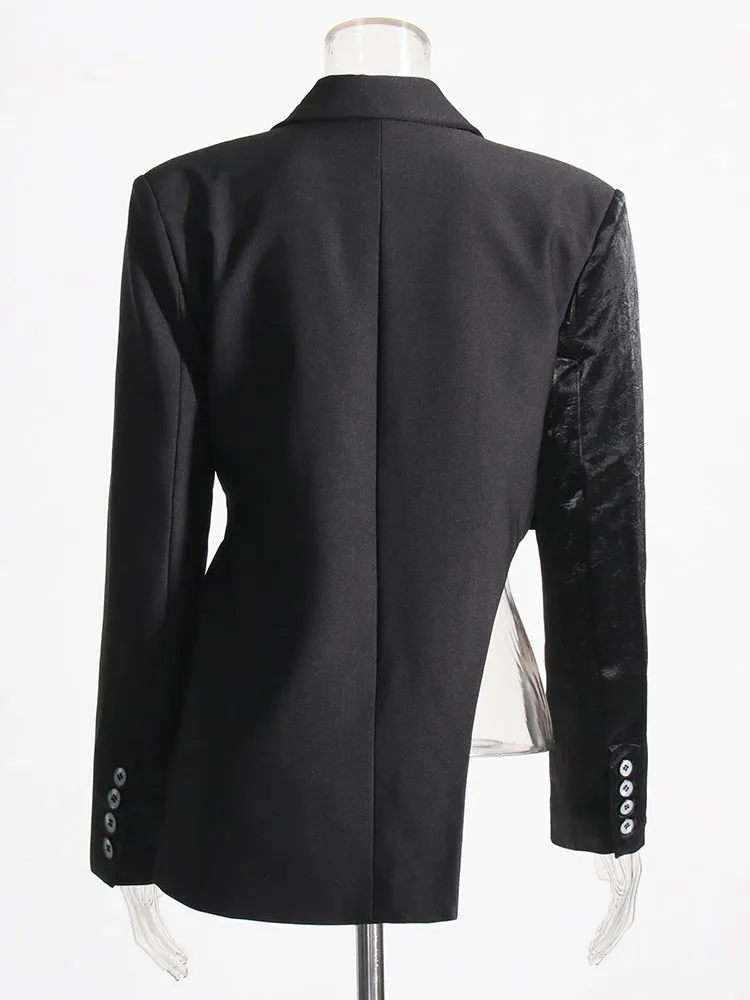 KBQ Spliced Zipper Asymmetrical Black Blazer For Women Notched Collar Long Sleeve Patchwork Pocket Temperament Blazers Female