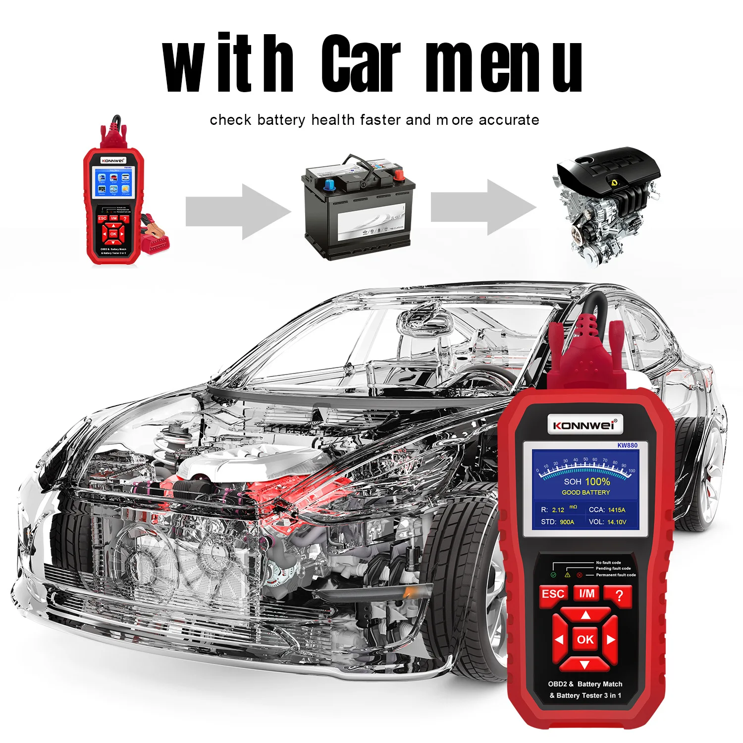 Universal Konnwei Kw880 Car Battery Match Car Obdii Diagnostic Fault Scanner E Tester Per Batterie Per Test Della Batteria Del Motociclo 6V-12V