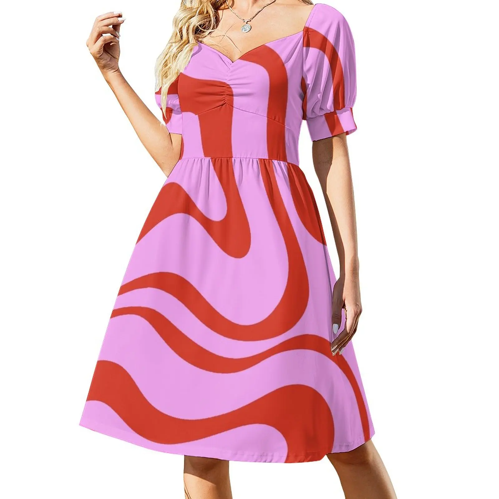 

Modern Retro Liquid Swirl Abstract Pattern Square Red and Pink Sleeveless Dress Dance dresses loose women's dress womens dress