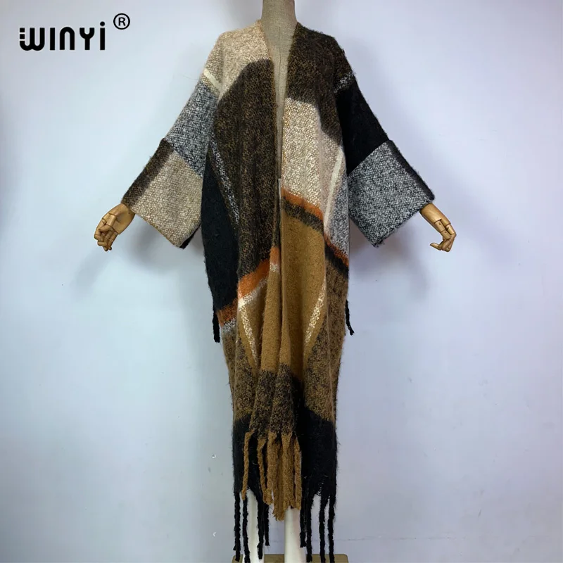 WINYI 여성용 겨울 코트, 레트로 스타일 프린트 태슬, 럭셔리 롱 퍼, 루즈 오버 코트, 두껍고 따뜻한 롱 다운 코트, 패션 가디건